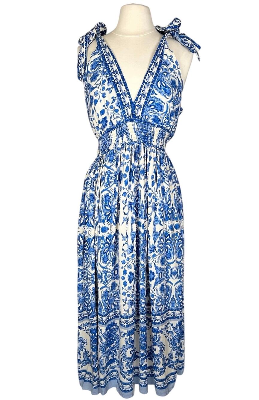 Cassee's Women's Paisley Tie Shoulder Coastal Boho Maxi Dress Medium